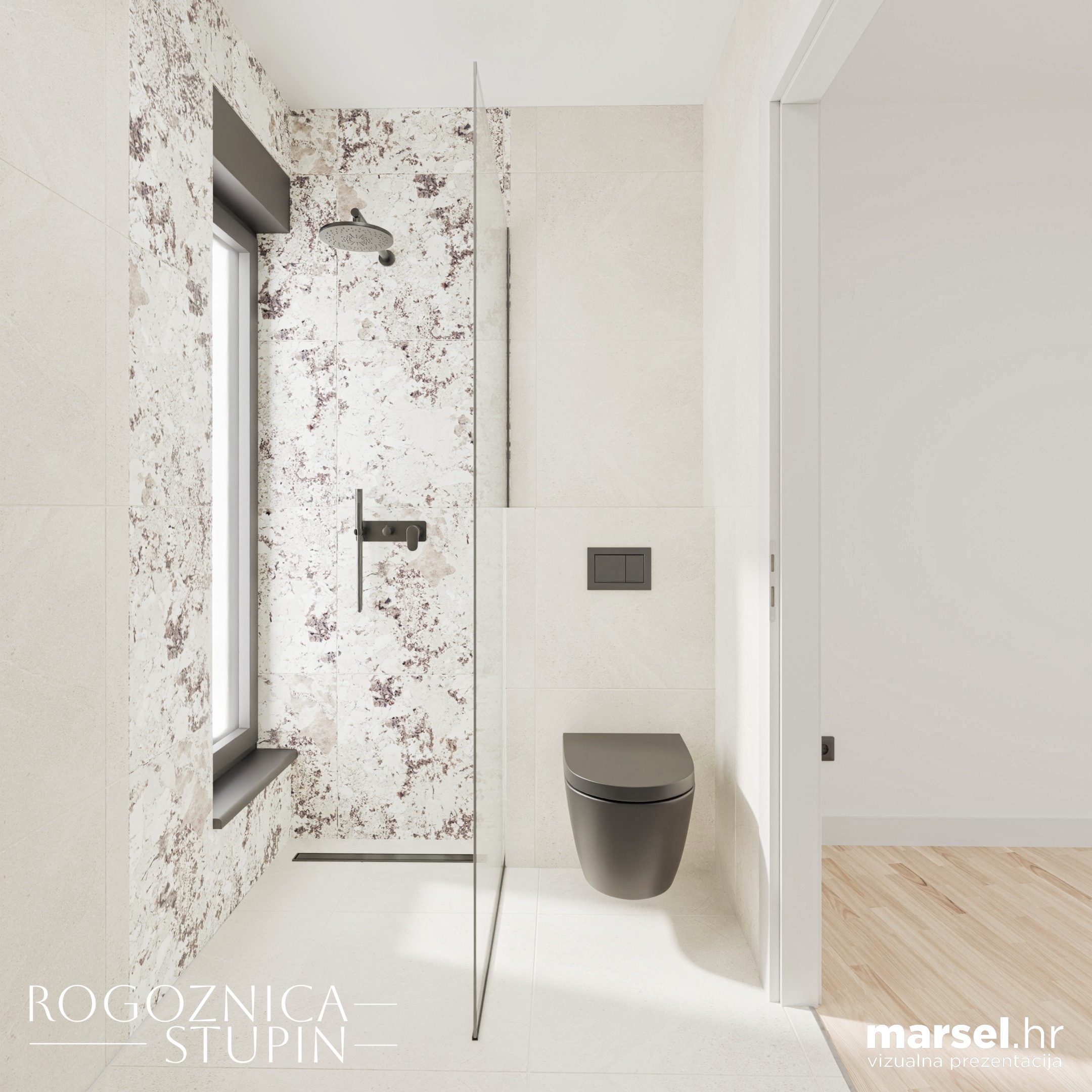 Vizualizacija interijera apartmana u novogradnji Rogoznica Stupin. Prostrani i svijetli unutarnji prostori s pogledom na more, idealni za stanovanje ili investiranje u apartman na dalmatinskoj obali.